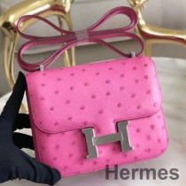 Hermes Constance 18 Χειροποίητη Τσάντα σε Ροζ Δέρμα Στρουθοκαμήλου