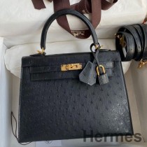 Hermes Kelly Sellier 25 Χειροποίητη Τσάντα Από Μαύρο Δέρμα Στρουθοκαμήλου