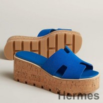 Hermes Eze 30 Cork Platform szandál kék velúr bőrből
