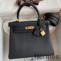 Hermes Kelly Retourne 25 kézzel készített táska fekete bőrből