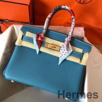 Hermes Birkin 30 kézzel készített táska kék Jean Clemence bőrből