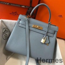 Hermes Kelly 28 cm-es kék Lin Clemence bőr GHW táska