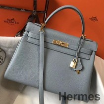 Hermes Kelly 32 cm-es kék Lin Clemence bőr GHW táska