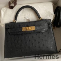 Hermes Kelly Mini II Sellier kézzel készített táska fekete struccbőrből