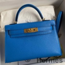 Hermes Kelly Mini II Sellier kézzel készített táska kék Hydra Chevre Mysore bőrből