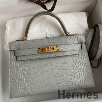 Hermes Kelly Mini II Sellier kézzel készített táska gyöngyszürke matt aligátorbőrből