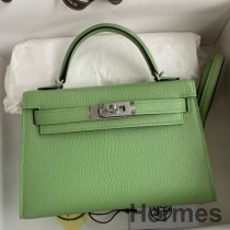 Hermes Kelly Mini II Sellier kézzel készített táska Vert Criquet Chevre Mysore bőrben