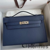 Hermes Kelly Pochette kézzel készített táska kék Saphir Epsom borjúbőrből
