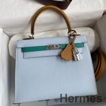 Hermes Kelly Sellier 25 háromszínű táska kék/zöld/szezámborjúbőr színben