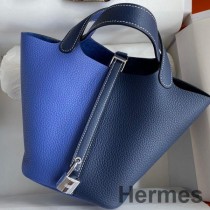 Hermes Picotin Lock 18 Bicolor kézzel készített táska kék és kék Saphir Clemence bőr színben