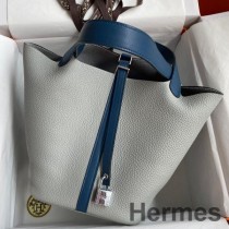 Hermes Picotin Lock 22 kétszínű, kézzel készített táska Gris Mouette és kék achát gyors bőrből