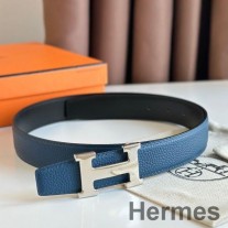 Hermes H omkeerbare riem 32MM in blauw Clemence-leer