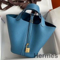 Hermes Picotin Lock 18 handgemaakte tas in blauw Jean Clemence leer