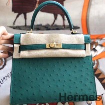 Hermes Kelly 25cm handgemaakte tas in groene vertigo struisvogelhuid