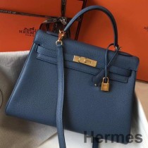 Hermes Kelly 32cm tas in blauw agaat Clemence leer GHW