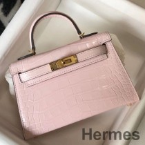 Hermes Kelly Mini II tas in roze dragee reliëf krokodillenleer