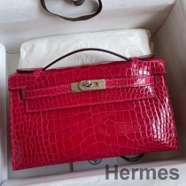 Hermes Kelly Pochette handgemaakte tas in roze extreem glanzend alligatorleer