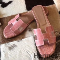 Hermes Oran sandalen in roze glanzende Niloticus-krokodil