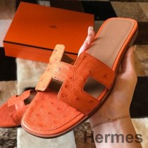 Hermes Oran Slide Sandalen In Oranje Struisvogelleer