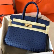 Hermes Birkin 30 Håndlaget veske i blått strutsskinn