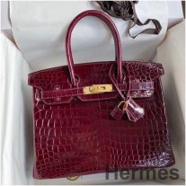 Hermes Birkin 30 Håndlaget veske I Bordeaux Krokodille Niloticus skinnende