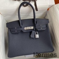 Hermes Birkin 30 Retourne Håndlaget veske i blå Nuit Clemence-skinn