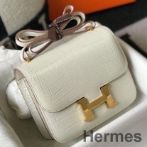 Hermes Constance 18 Håndlaget veske i hvit preget krokodille