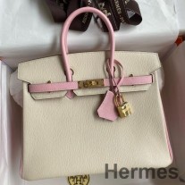 Hermes HSS Birkin 25 Bicolor Bag i Craie og rosa Chevre Mysore-skinn