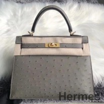 Hermes Kelly 25 cm håndlaget veske i Gris Asfalt strutsskinn