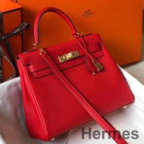 Hermes Kelly 25cm Retourne-veske i rødt Clemence-skinn