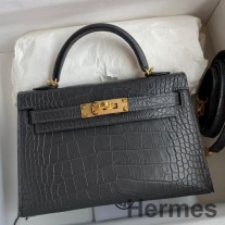 Hermes Kelly Mini II Sellier Håndlaget veske i grafitt matt alligator skinn
