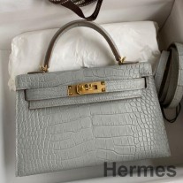 Hermes Kelly Mini II Sellier Håndlaget veske i perlegrå matt alligatorskinn