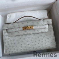 Hermes Kelly Pochette Håndlaget veske i perlegrå strutsskinn