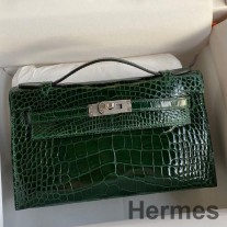 Hermes Kelly Pochette Håndlaget veske i Vert Fonce skinnende alligatorskinn