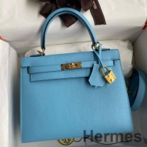 Hermes Kelly Sellier 25 Håndlaget veske i blått godteri Epsom kalveskinn