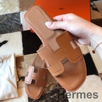 Hermes Oran Slidesandaler i gull Epsom perforert kalveskinn