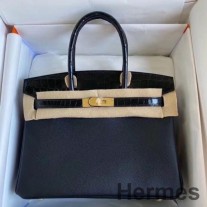 Hermes Touch Birkin 30-veske i svart skinnende Niloticus-krokodilleskinn