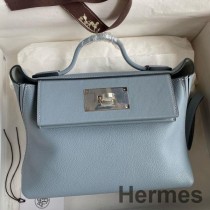 Hermes 24/24 Mini 21 Håndlaget veske i blått Lin Evercolor-skinn