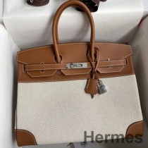 Hermes Birkin 35 Håndlaget veske i Toile & Gold Swift Leather