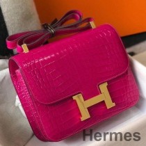 Hermes Constance 24cm veske i roserød preget krokodille