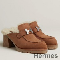 Hermes Flore 60 Mules i brunt semsket skinn med shearling