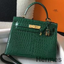 Hermes Kelly 25 cm håndlaget veske i grønt preget krokodilleskinn