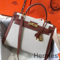 Hermes Kelly 32cm Veske I Toile Canvas Med Barenia Lær