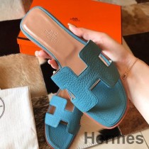 Hermes Oran Slidesandaler i blått Jean Clemence-skinn