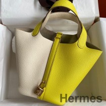 Hermes Picotin Lock 18 Bicolor håndlaget veske i Craie og Lime Clemence-skinn