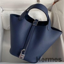 Hermes Picotin Lock 18 Håndlaget veske i blått Saphir Clemence-skinn