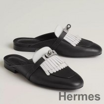 Hermes Oz muldyr for kvinner med frynser i svart/hvitt skinn